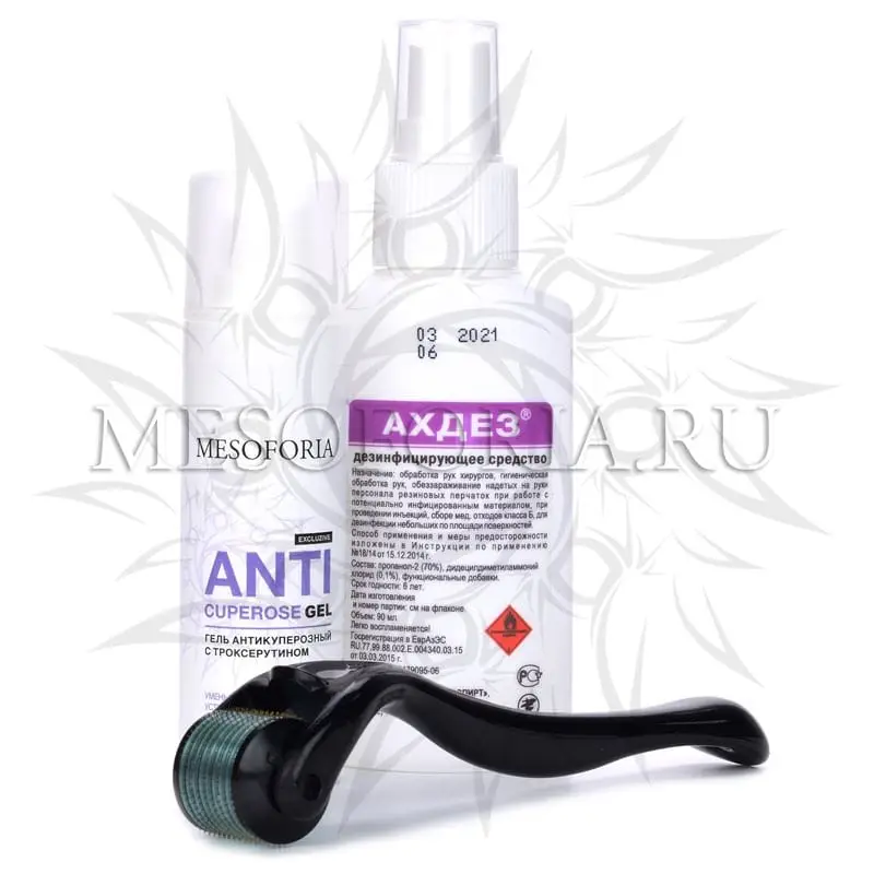 Набор с мезороллером Dermaroller Dr Mezo (купероз, розацеа), антикуперозным гелем 30 мл и средством дезинфекции - 2 мм