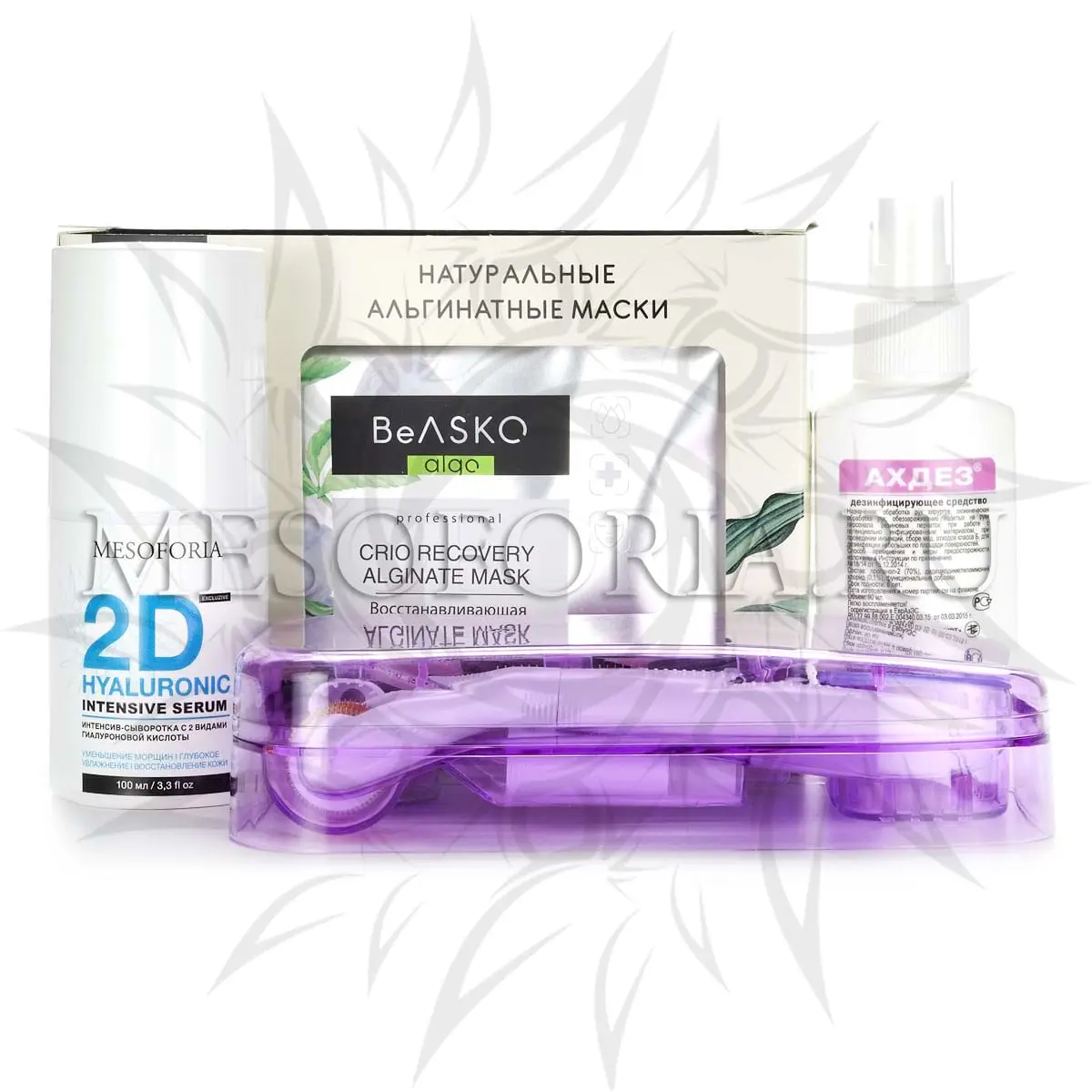 Набор для лица и тела с мезороллером 6 в 1 Dr Mezo (увлажнение, лифтинг до 45 лет), интенсив-сывороткой с 2 видами гиалуроновой кислоты средством дезинфекции и комплектом из альгинатных крио-масок для восстановления после процедуры